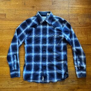 Stetson‎ Mens Plaid Western Shirt Blue White Snap Front Long Sleeve Size Medium